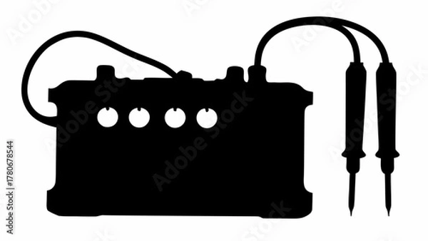 Fototapeta Silhouette of a car battery with attached cables and two multimeter probes in a plain background