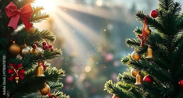 Obraz Christmas trees, bells, and ornaments