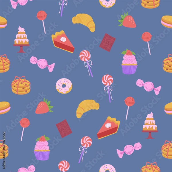Fototapeta Sweets bakery seamless pattern. Pastry Confectionery on a blue background. Vector Illustration for wrapping paper, package, textile print.