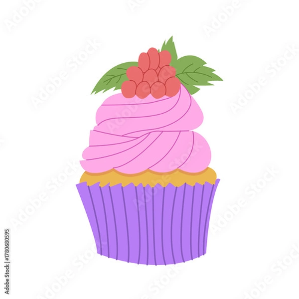Obraz Delicious Cupcake with pink cream and raspberry. Confectionery shop menu item. Flat vector illustration.