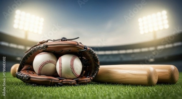 Obraz Close-up of a baseball glove and ball resting on the green field in stadium lights