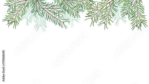 Obraz Watercolor border with pine branches isolated on white background. Natural conifer greenery frame for Christmas design, invitations, winter cards, and holiday decoration projects.