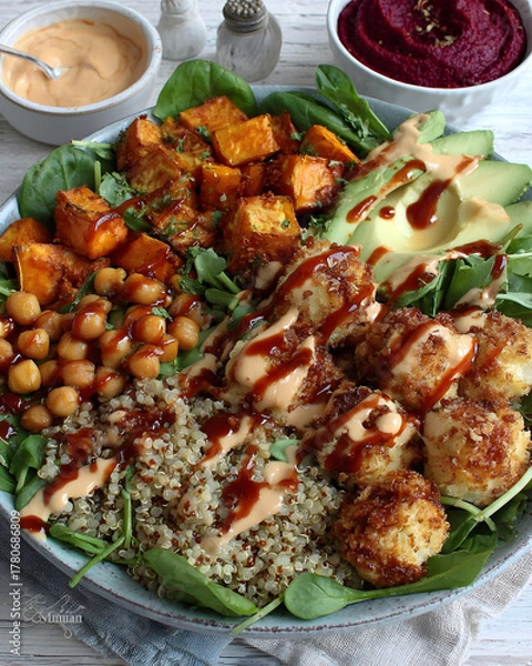 Obraz Vegan Buddha bowl with quinoa, avocado, chickpeas and beetroot hummus