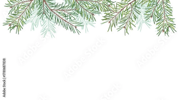 Fototapeta Watercolor border with pine branches isolated on white background. Natural conifer greenery frame for Christmas design, invitations, winter cards, and holiday decoration projects.
