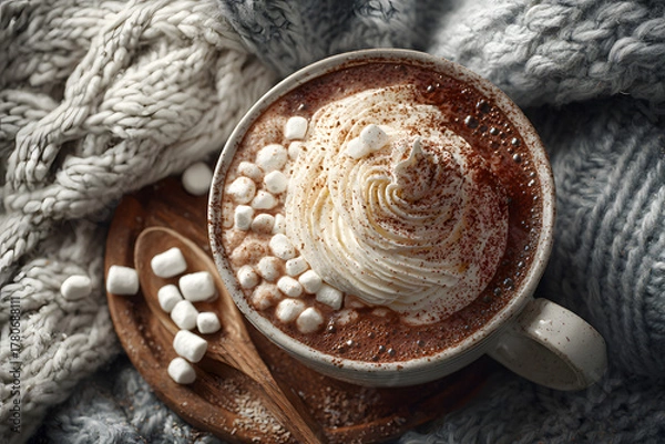 Obraz Cup of hot chocolate with whipped cream and marshmallows in cozy winter atmosphere