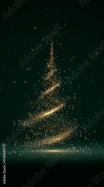 Obraz Golden Glitter Christmas Tree with Sparkling Particles on Dark Green Background, Elegant Holiday Greeting Card, Vertical Gold and Emerald X-mas Design.