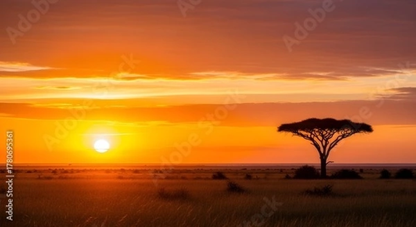 Fototapeta African Sunset Majestic Scenery of Acacia Tree Under a Vivid Orange Sky at Dusk or Dawn