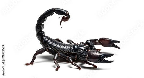 Fototapeta A large black Asian forest scorpion poised in a defensive stance with stinger ready on a white background