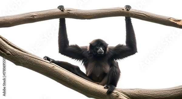 Fototapeta Black spider monkey with long limbs hanging powerfully from a thick tree branch against a bright background