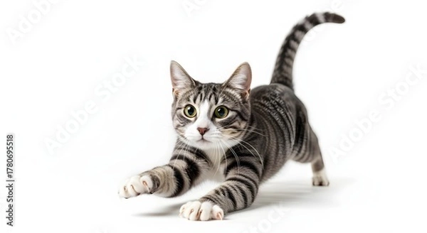 Fototapeta Playful grey tabby cat stretching its front paws in a hunting pounce isolated on a white studio background