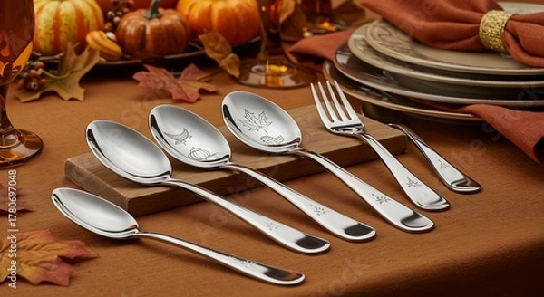 Obraz Elegant Silver Cutlery Set on a Festive Thanksgiving Dinner Table.