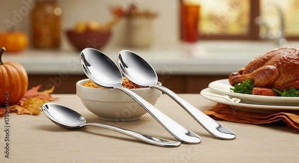 Fototapeta Elegant Silver Spoons and Thanksgiving Feast on a Table.