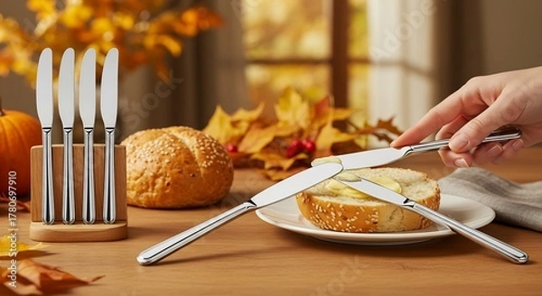 Fototapeta Elegant Thanksgiving Table Setting with Butter Knives and Bread.