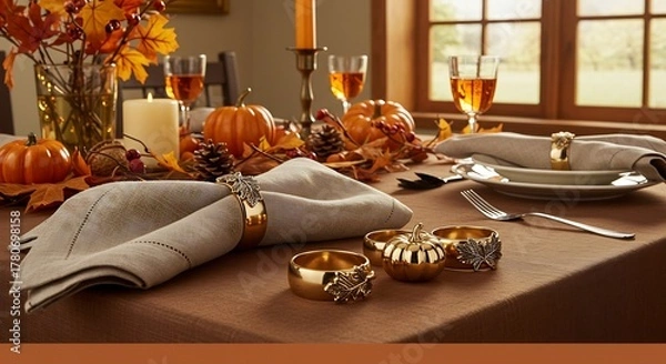 Fototapeta Elegant Thanksgiving Table Setting with Pumpkins and Autumn Leaves.
