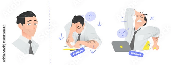 Obraz Cartoon Office Character: White Male in Shirt and Tie Showing Frustration and Disappointment. Bust View and Two Expressive Scenes with Icons and Emotional 