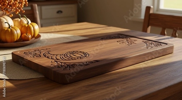 Fototapeta Elegant Wooden Tray with Intricate Carvings on a Rustic Table.