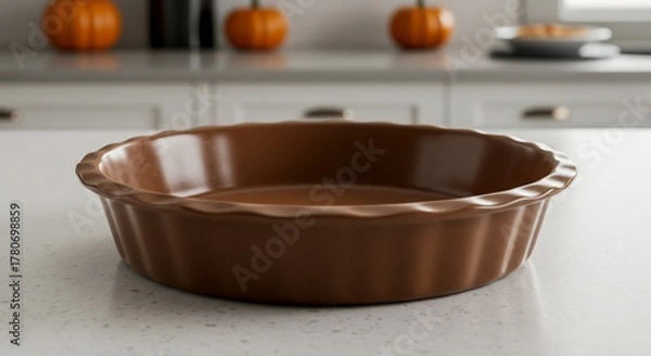 Obraz Empty Brown Ceramic Pie Dish on a White Kitchen Countertop with Pumpkins in the Background.