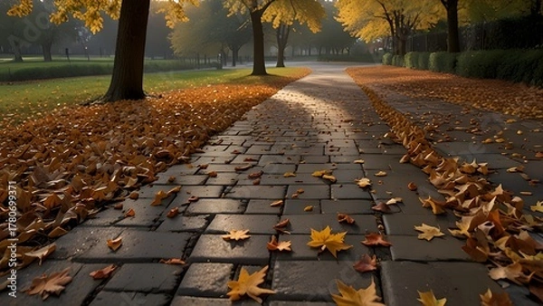 Fototapeta A serene park pathway covered in golden autumn leaves, illuminated by warm sunlight, capturing the peaceful essence of fall.
