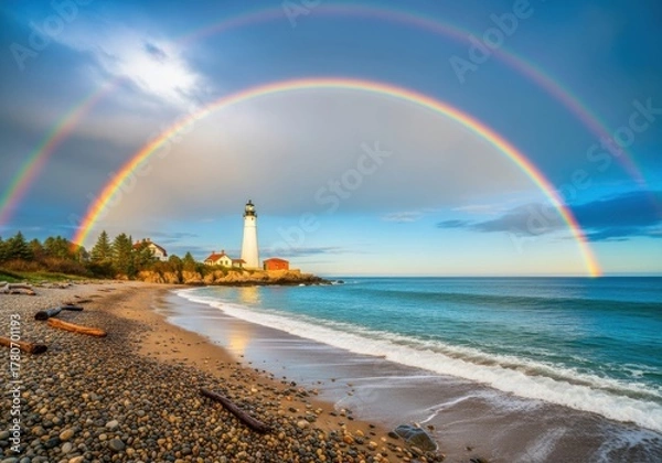 Fototapeta Majestic double rainbow arches over a serene beach with a distant lighthouse