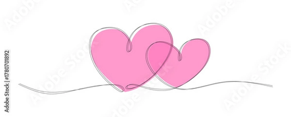Fototapeta Two hearts shape of two continuous lines with pink heart spot. 