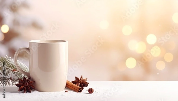 Fototapeta クリームからアイボリーへと溶ける冬のグラデーション背景に、スパイスが浮かぶホットワインのマグ。やわらかな光が漂い、温かく心地よいフェスティブな雰囲気を演出。冬