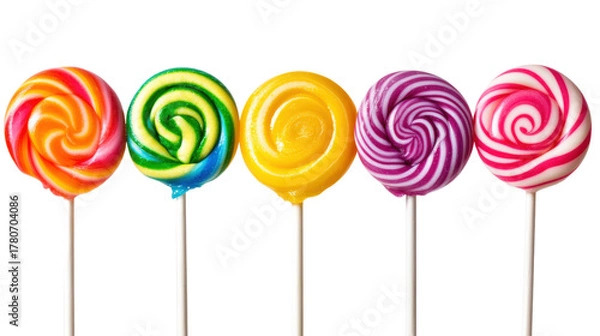 Fototapeta Five colorful swirl lollipops isolated on a transparent background