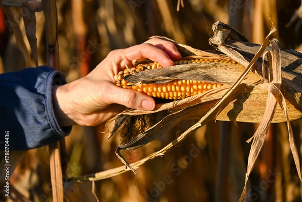 Obraz Hand picking a ripe corn cob from a dry autumn field, showing golden kernels and the texture of withered husks under warm sunlight