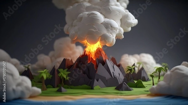 Obraz Volcano Eruption in a Tropical Landscape - A Low Poly Art Scene.