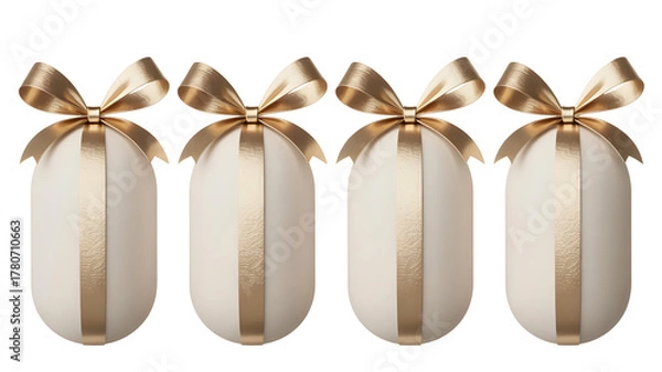 Fototapeta Four elegant white easter eggs with gold ribbon bows isolated on transparent background