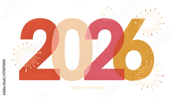 Fototapeta Happy new year 2026 text with fireworks isolated on transparent background