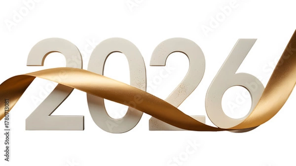Fototapeta Elegant gold ribbon flowing around the year 2026 isolated on transparent background