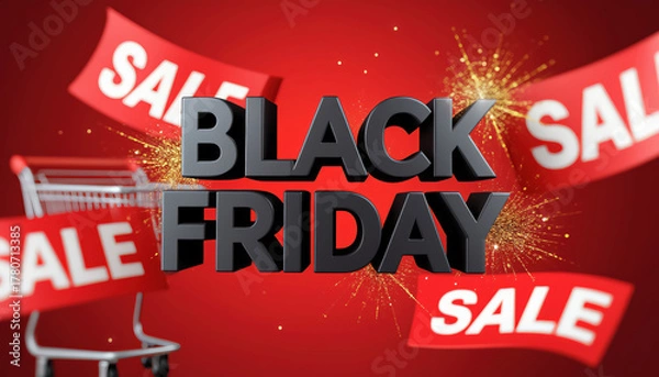 Fototapeta Black friday sale extravaganza with shopping cart on red background