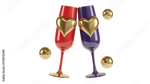 Fototapeta Two champagne flutes with golden hearts and golden spheres isolated on transparent background