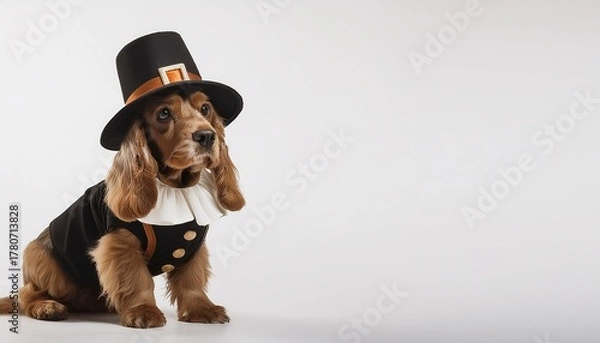 Obraz full-body of cocker spaniel wearing pilgrim costume on white background; free space for text