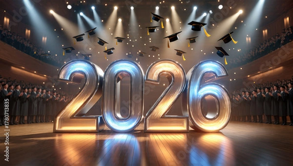 Fototapeta Graduation celebration for class of 2026 in grand auditorium with flying caps