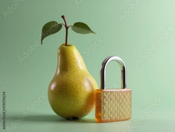Obraz Ripe Pear Secured with Padlock Symbolizing Data Protection
