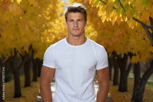 Fototapeta A man in a white shirt standing in front of a tree