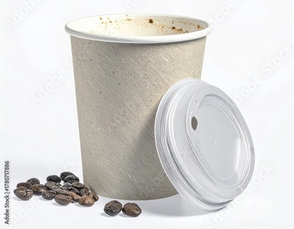 Obraz Disposable paper coffee cup with lid and roasted beans.