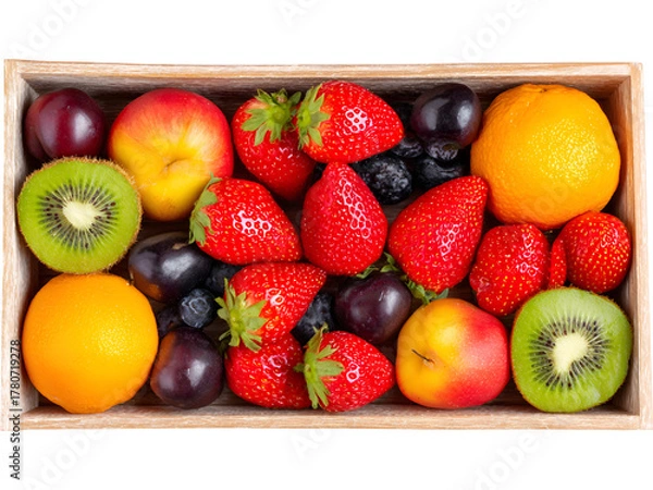 Fototapeta Wooden box filled with assorted fresh fruits isolated on transparent background, ideal for healthy lifestyle visuals.