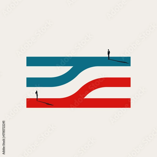 Fototapeta Man and woman inequality. Unequal career paths, minimalist illustration of the gap in opportunity and the persistent problem of corporate discrimination in the professional world.