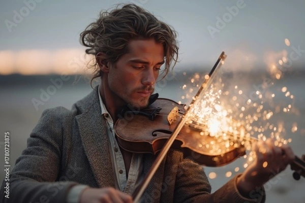 Fototapeta A man playing a violin with sparklers in his hands