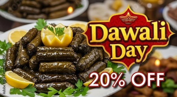 Fototapeta A plate of dolma with lemon slices and parsley for dawali day