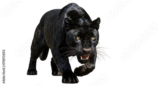 Obraz A black panther prowling forward on a stark white background view