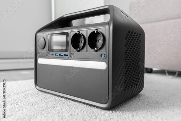 Fototapeta A modern portable power station with AC outlets and USB ports sits on a soft carpet indoors, providing a reliable backup energy source for home or outdoor use.