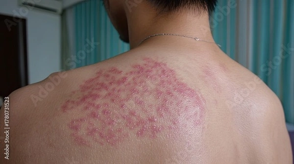 Fototapeta Close-up of Red Rash on Man's Upper Back - Skin Condition, Medical Issue, Dermatology, Health Concern, Inflammation