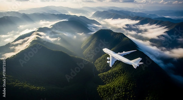 Obraz Airplane flying over a mountain range with clouds in the valleys.