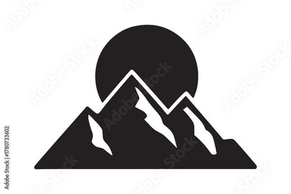 Obraz Mountain with a sun behind peaks silhouette icon vector on white background