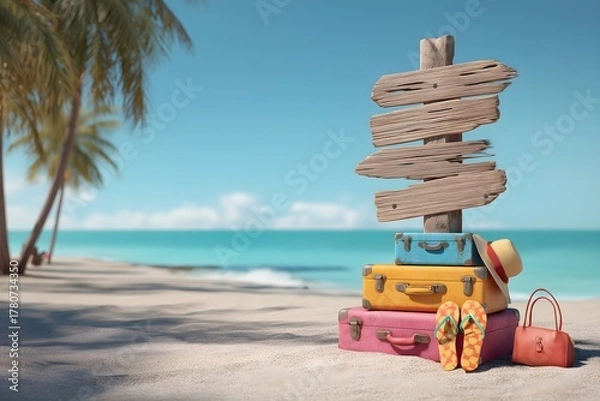 Obraz Colorful Luggage and Signpost on Tropical Beach with Blue Ocean