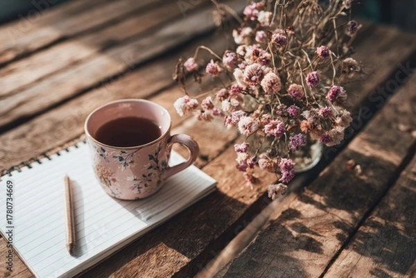 Obraz Pink Teacup On Wooden Table With Dried Flowers And Notebook