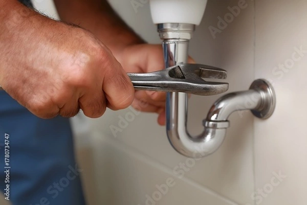 Fototapeta Handyman fixing plumbing under sink with adjustable wrench tool